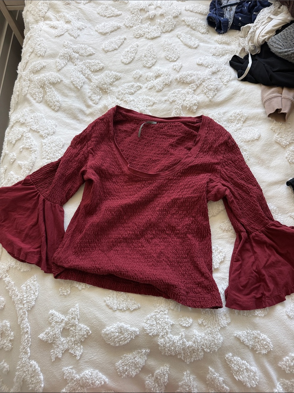 Anthropologie Wine Bell Sleeve Textured Scoop Top